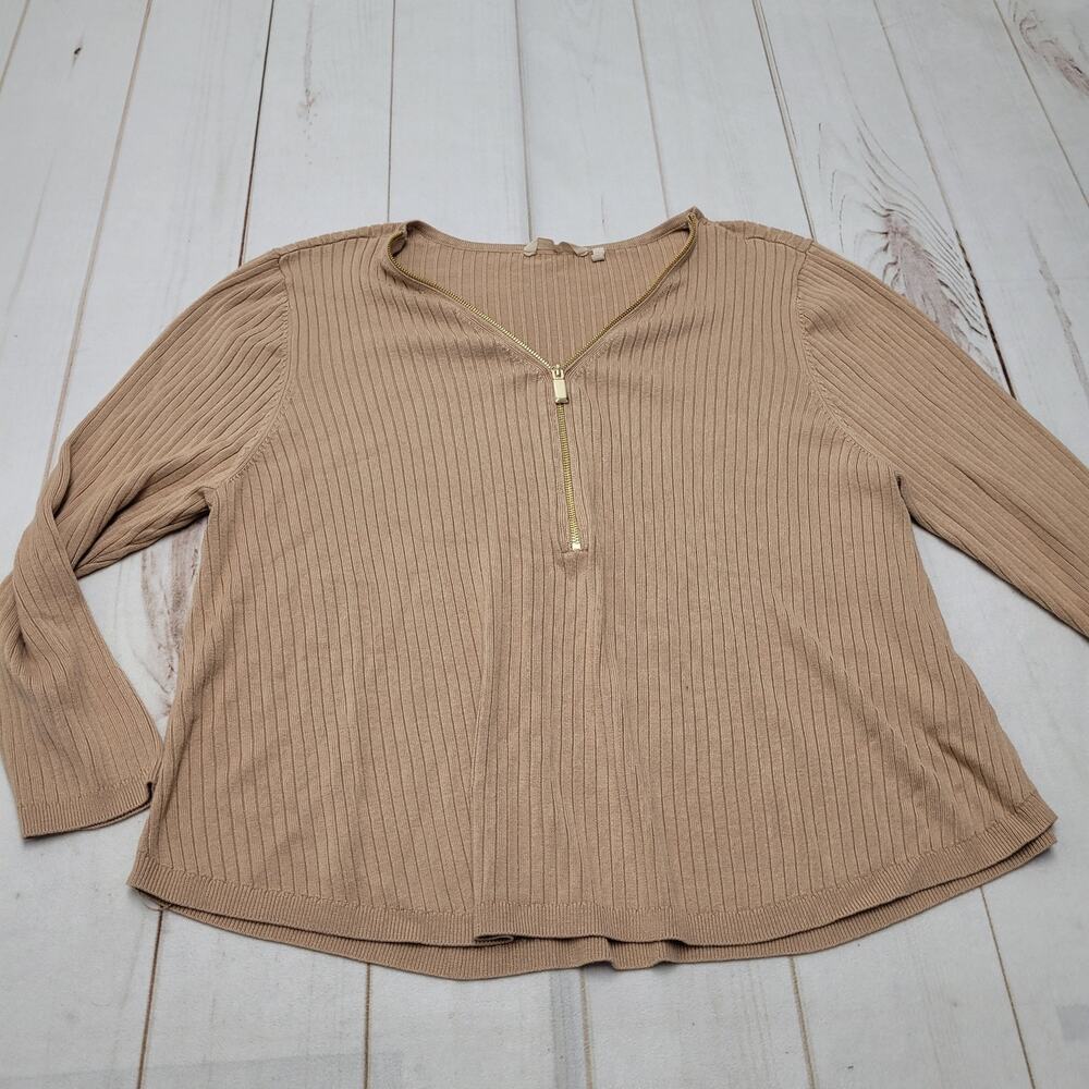 Soft surroundings Valentina zip V neck ribbed sweater tan knit minimalist